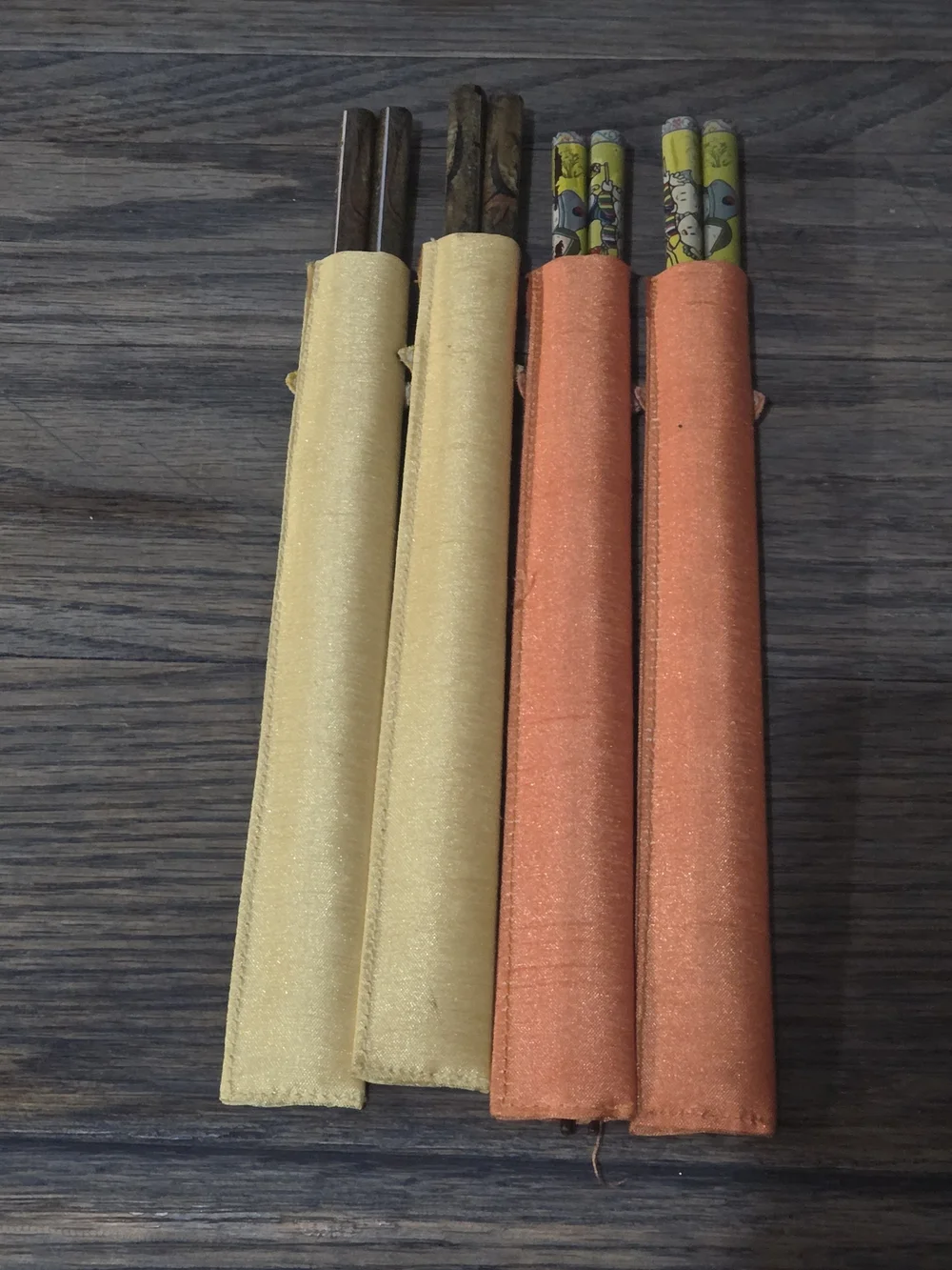 Korean Wooden Chopsticks Set Of 4 w/ Satin Sleeves - Gold & Orange